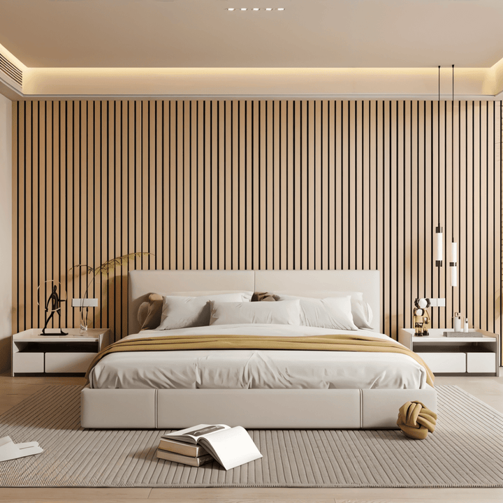Self-adhesive wood panels in a light wood look behind a bed in a modern bedroom.