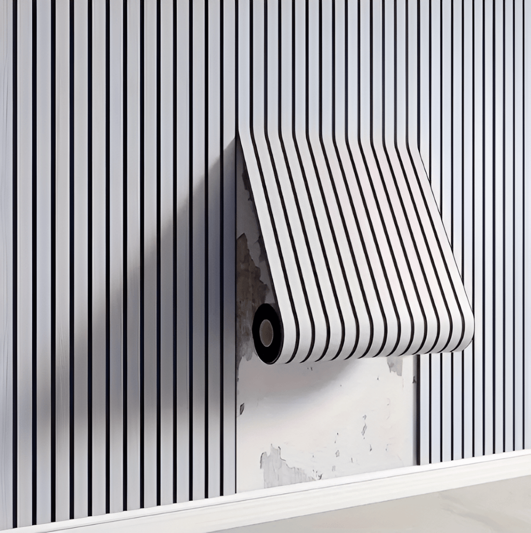 White self-adhesive wood panels with black gaps being unrolled onto a wall.
