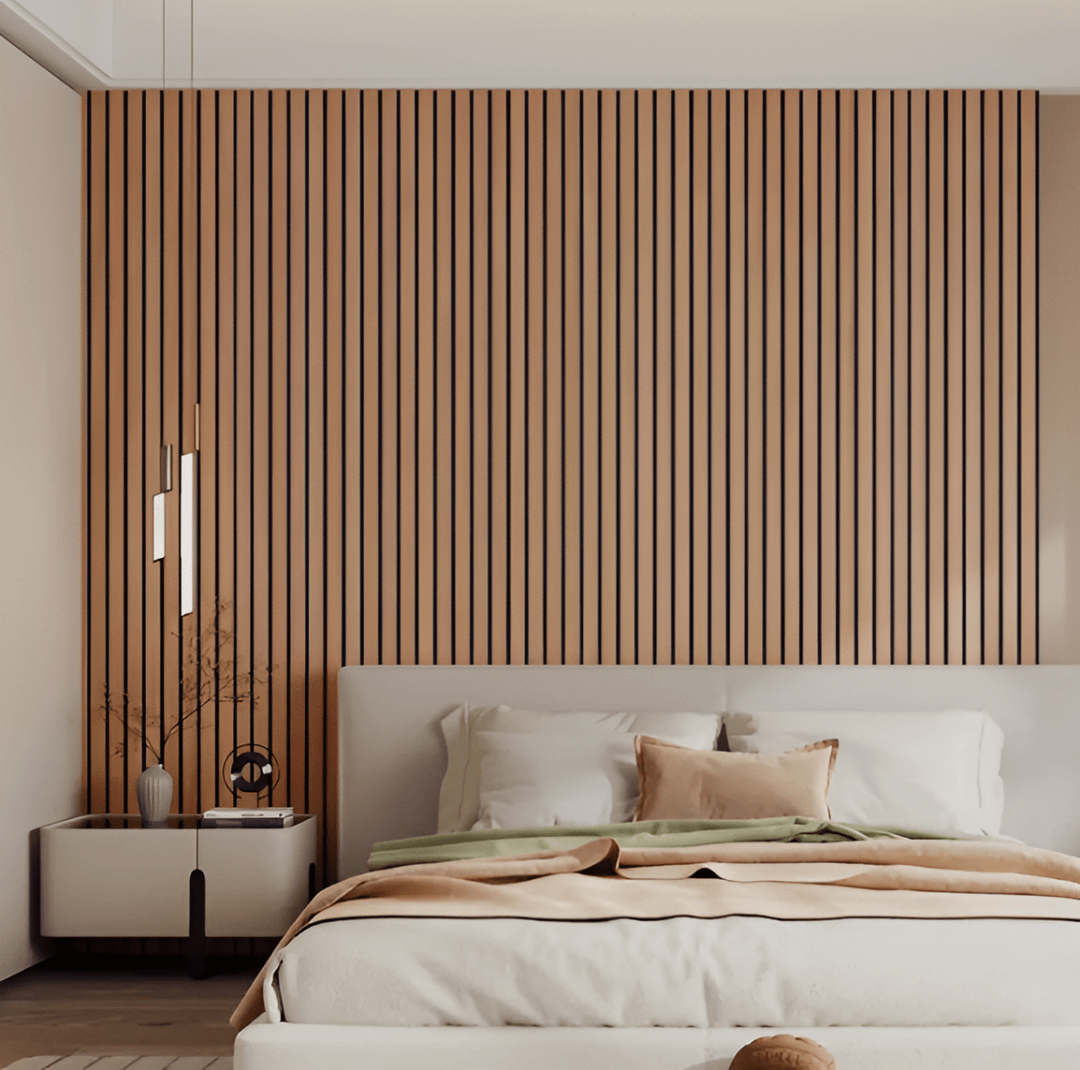 Self-adhesive wood panels in a warm brown look above a cream bed headboard.