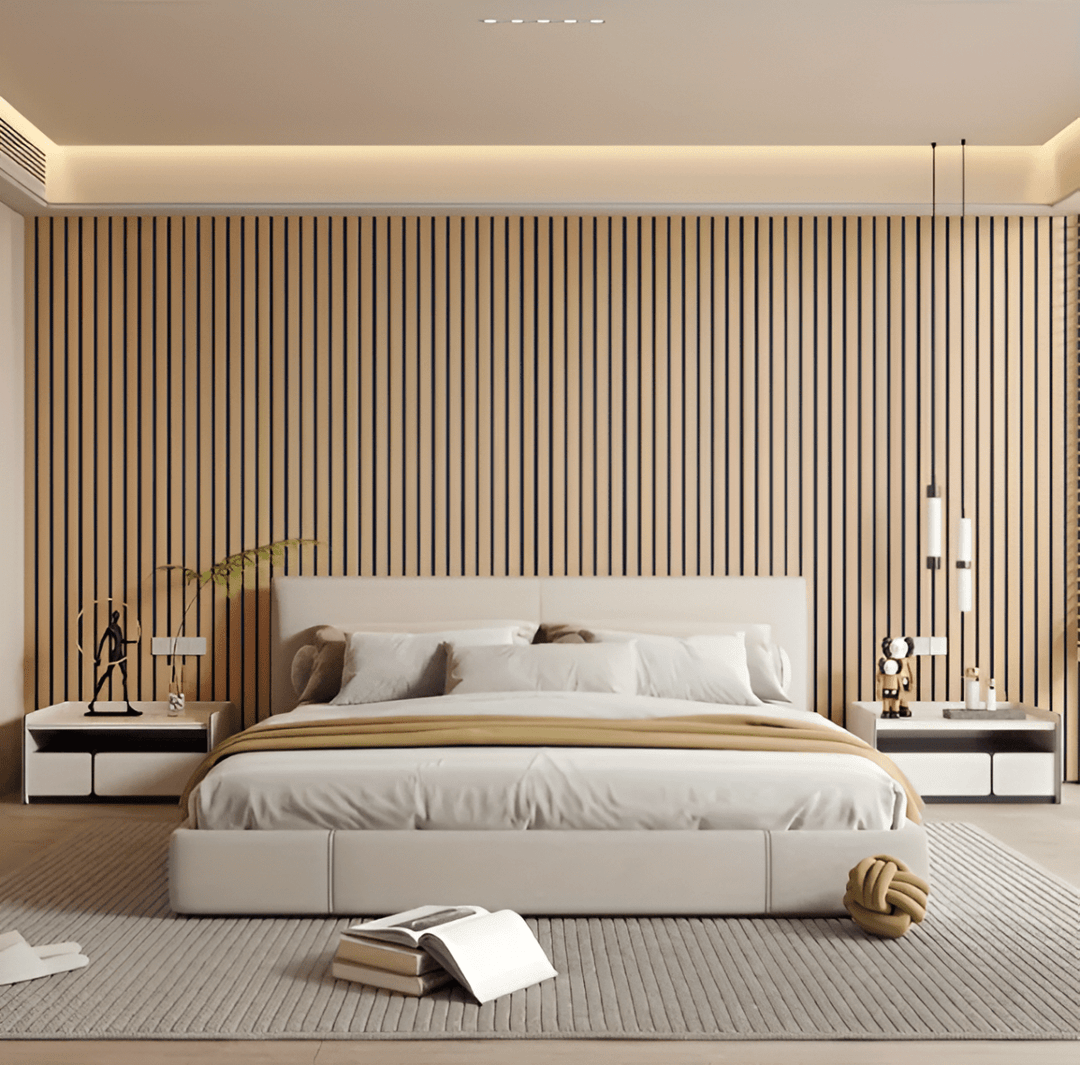 Self-adhesive wood panels in a light oak look behind a low cream bed.