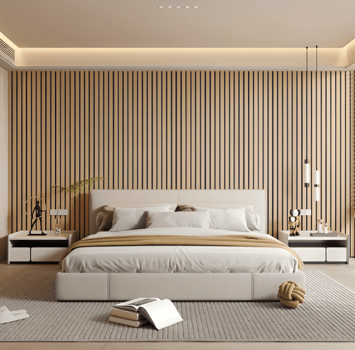 Self-adhesive wood panels in a light oak look behind a low cream bed.