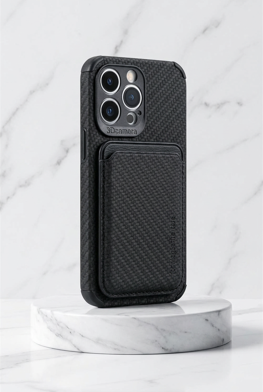 Black carbon-look phone case with card pocket standing on a round marble platform 7