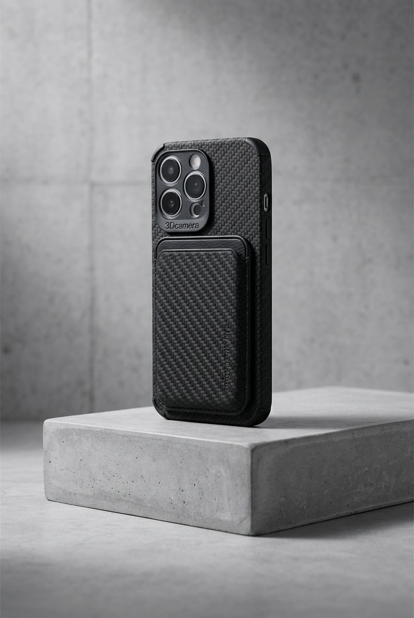 Black carbon-fiber-style case with card pocket, standing on a concrete block against a concrete wall 4