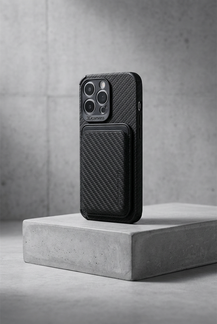 Black carbon-fiber-style case with card pocket, standing on a concrete block against a concrete wall 4