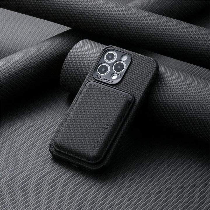 Black woven wallet case on a phone, resting against rolled dark fabric, with the card pocket on the back 4