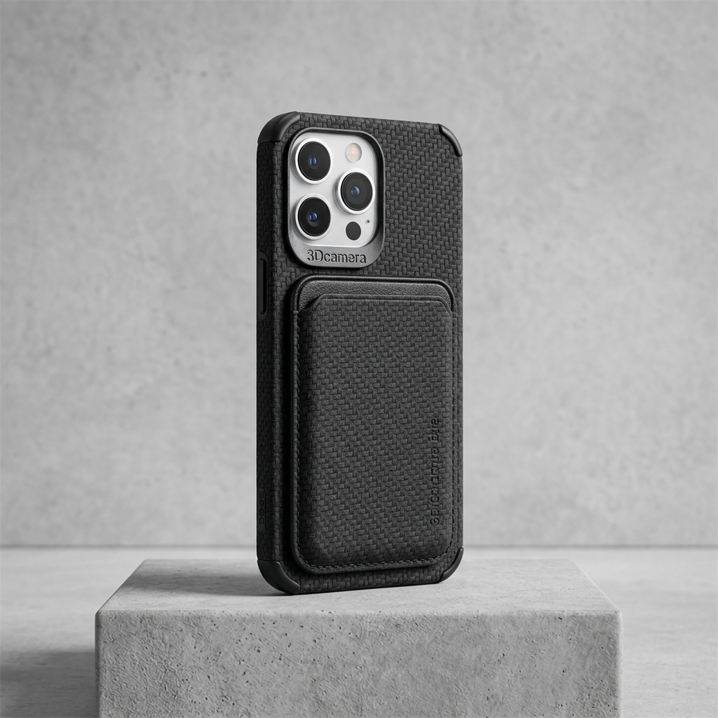 Black textured case with card pocket on a phone with silver camera lenses, on a concrete block 7