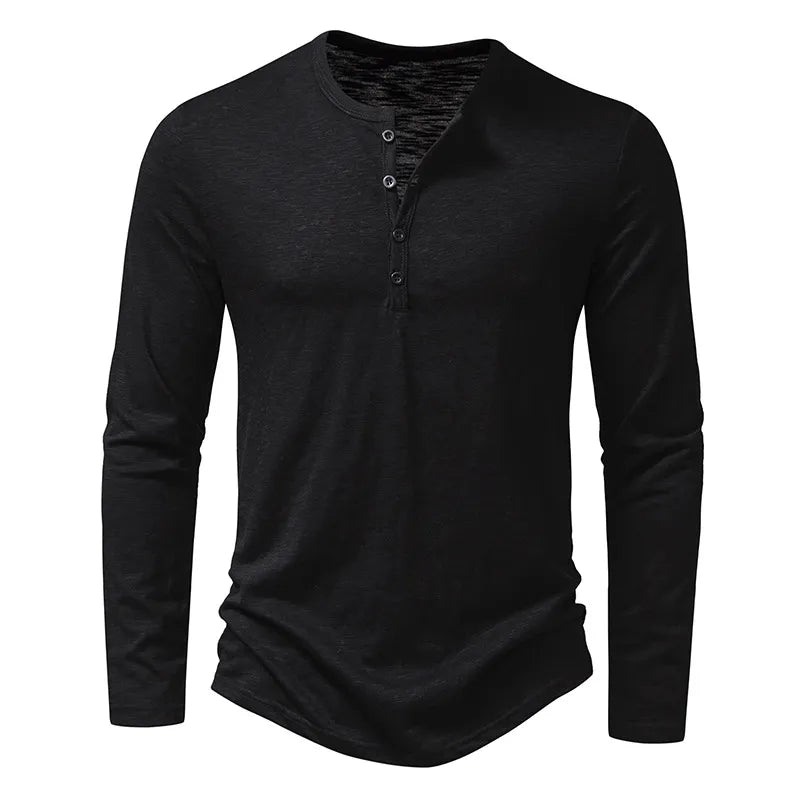 Front view of the black long-sleeve Henley with a four-button placket and round neckline 16