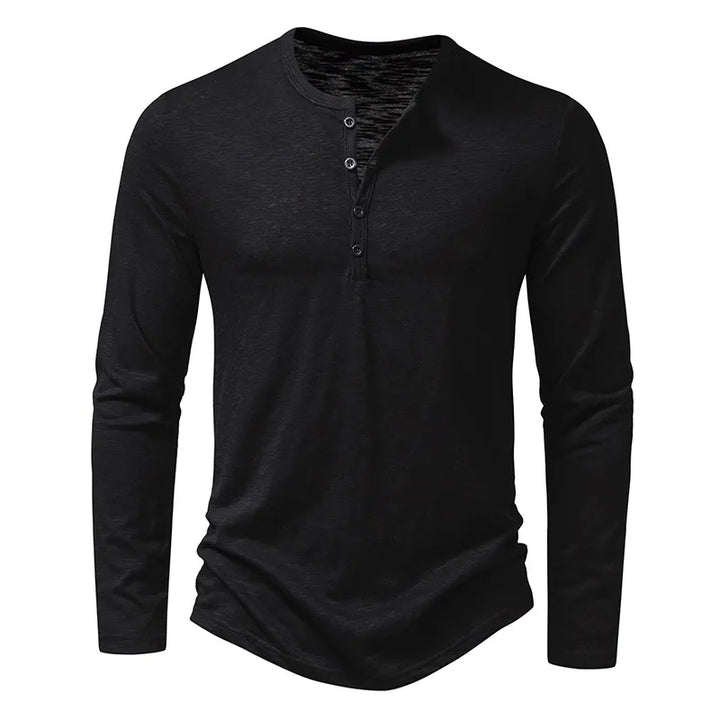 Front view of the black long-sleeve Henley with a four-button placket and round neckline 16