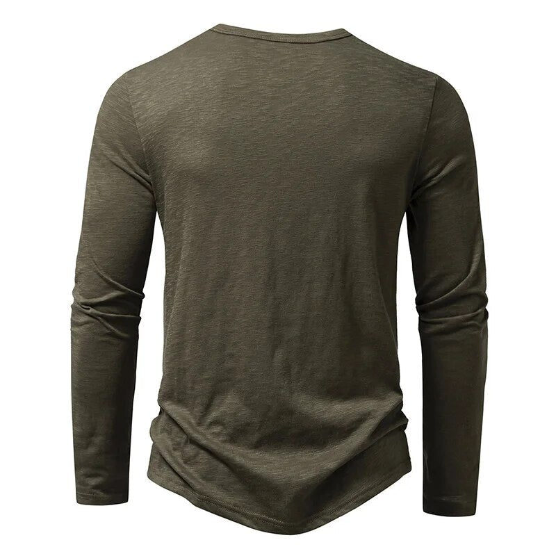 Back view of the olive green long-sleeve Henley with plain back and curved hem 6