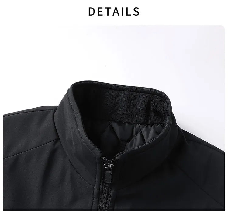 Close-up of the black jacket's stand collar and zipper pull, showing the soft knit collar lining and quilted interior beneath. 5