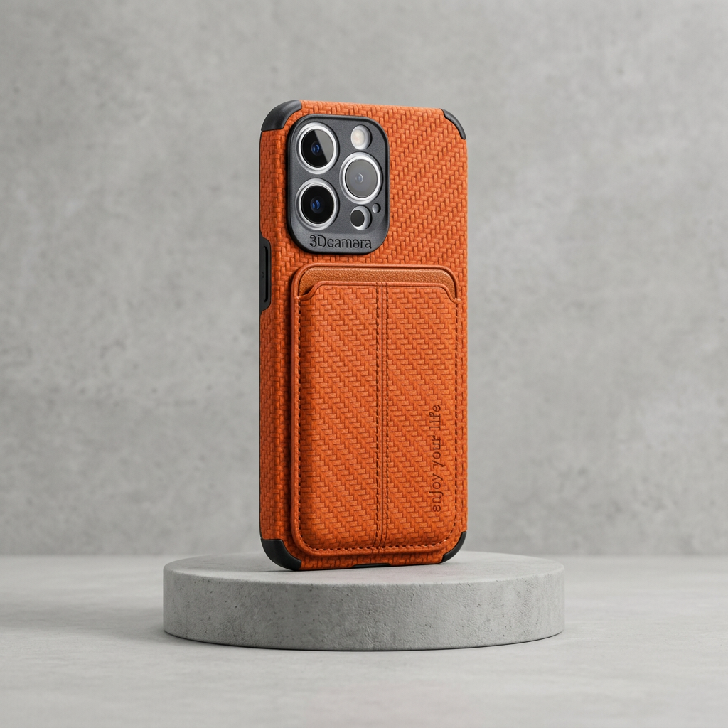 Orange case with stitched center seam on the card pocket, standing on a round concrete platform 5