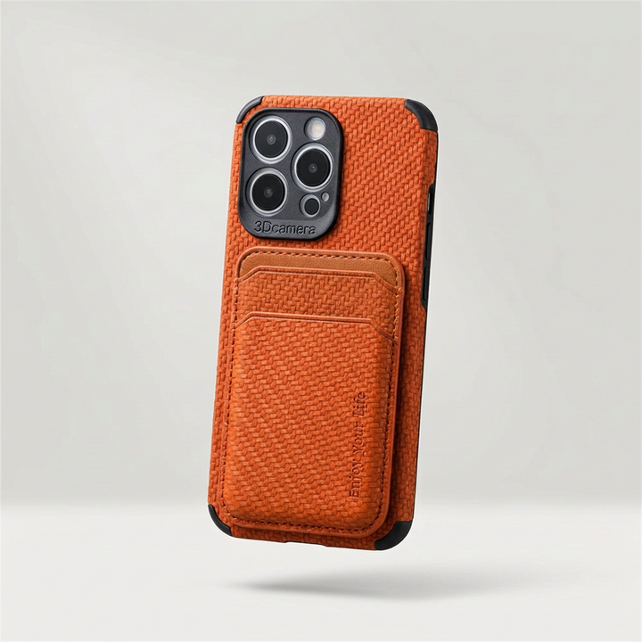 Orange woven-texture phone case with attached card pocket, floating against a plain light background 1