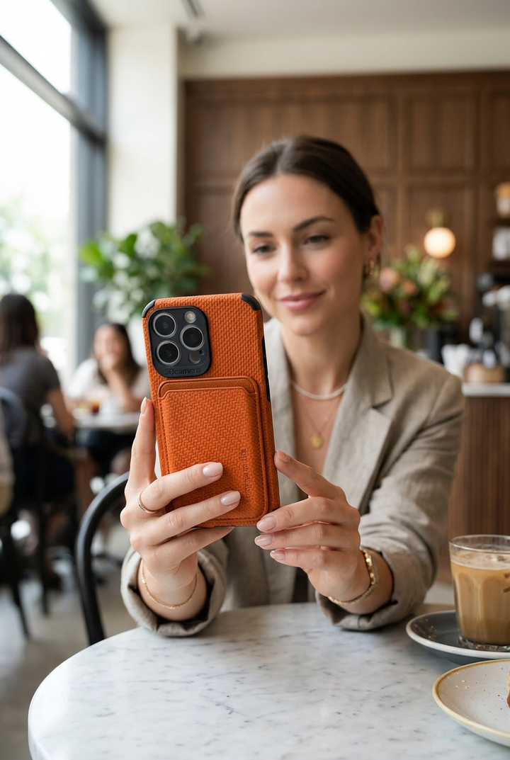 Smiling woman in a cafe holds up an orange woven-textured phone case with attached card pocket 1