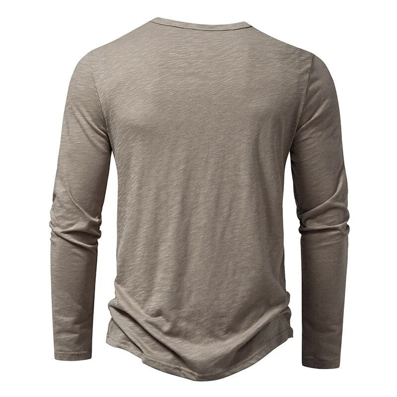 Back view of the taupe long-sleeve Henley with plain back, round neckline and curved hem 3
