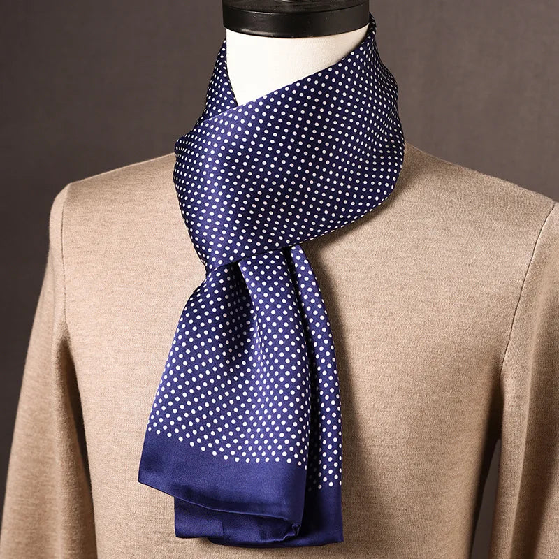 Men's navy silk scarf with white polka dots and a plain navy border