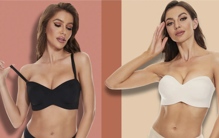 Zwei Frauen in schwarzen und weißen trägerlosen BHs, nahtlos, bequem, modisch, Unterwäsche.