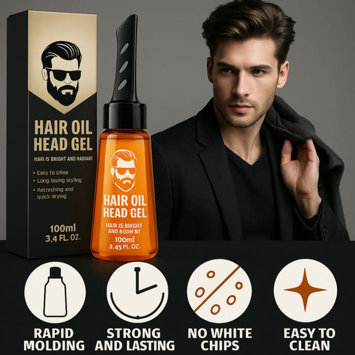 another view of the amber gel bottle with a black comb-top applicator beside its black and gold box and benefit icons
