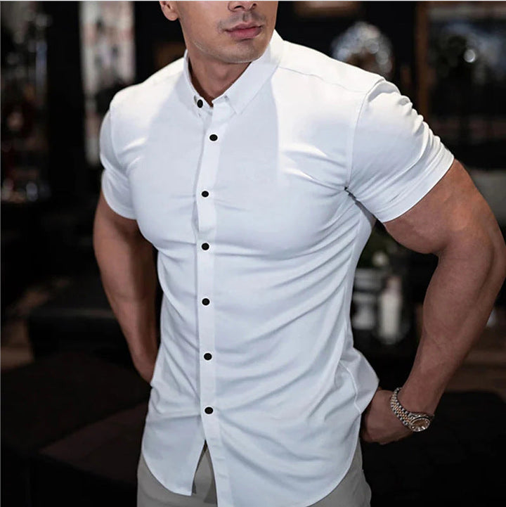 White short sleeve shirt with black buttons, another view