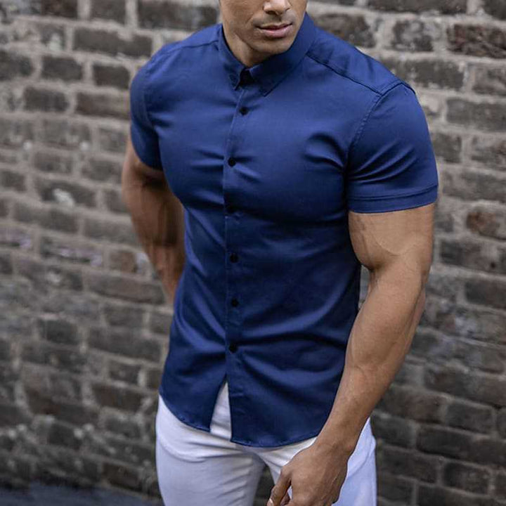 Navy blue short sleeve button-up shirt, another view