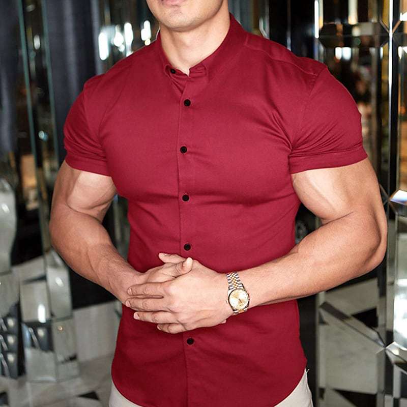 Burgundy red short sleeve shirt with black buttons, another view
