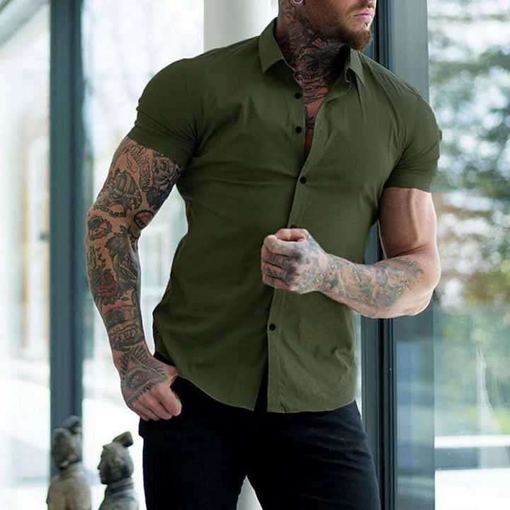 Olive green short sleeve button-up shirt with point collar, another view