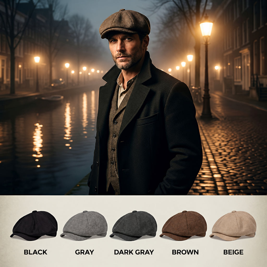 Man in a brown newsboy cap, dark overcoat and vest by a misty lamplit canal, with five color options shown below. 1