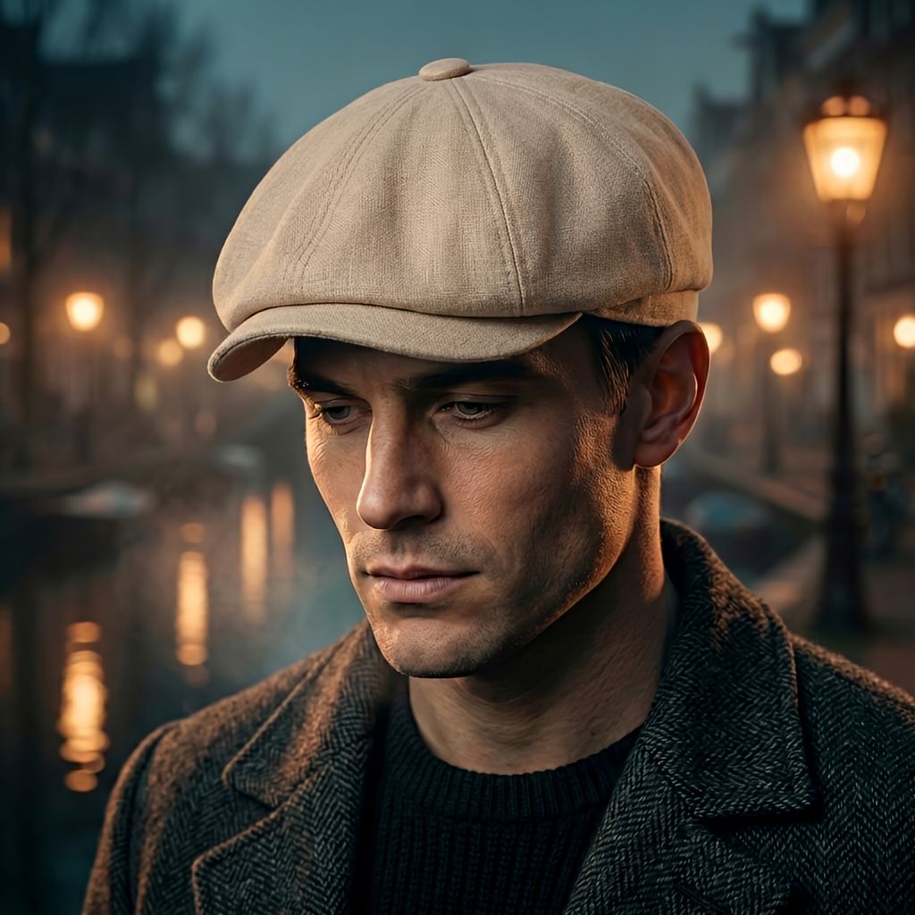 Close-up of a man wearing the beige newsboy cap with visible panel seams, with a hazy lamplit canal in the background. 6