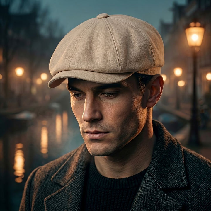 Close-up of a man wearing the beige newsboy cap with visible panel seams, with a hazy lamplit canal in the background. 6