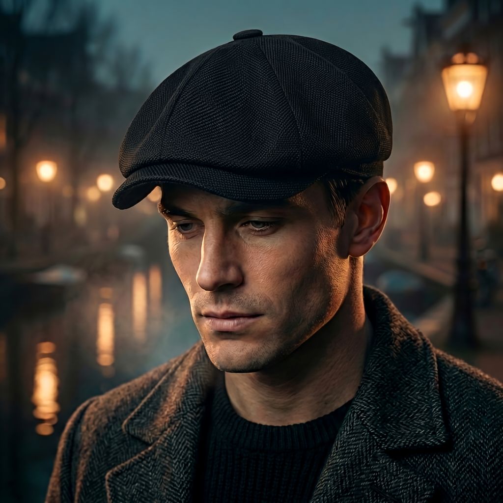 Close-up of a man wearing the black eight-panel newsboy cap with a short curved brim, set against a blurred canal at dusk. 3