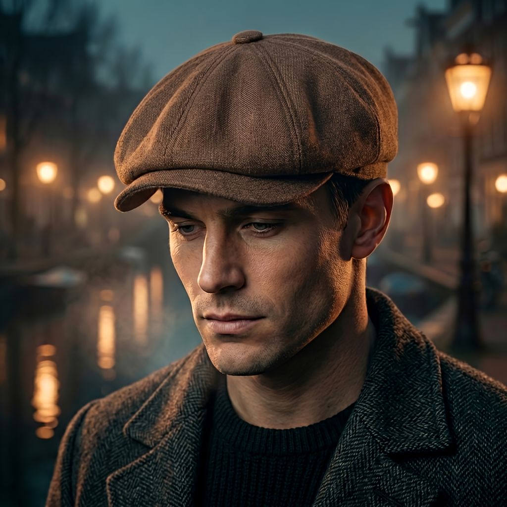 Close-up of a man wearing the brown eight-panel newsboy cap with a fabric-covered button, against a blurred lamplit canal at dusk. 2