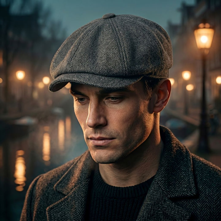 Close-up of a man wearing the dark gray tweed-textured newsboy cap, with a blurred canal and street lamps behind him. 5
