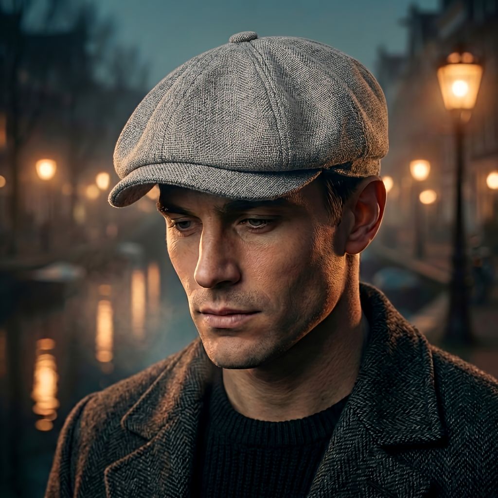 Close-up of a man wearing the gray woven newsboy cap with a top button, standing before softly glowing street lamps. 4