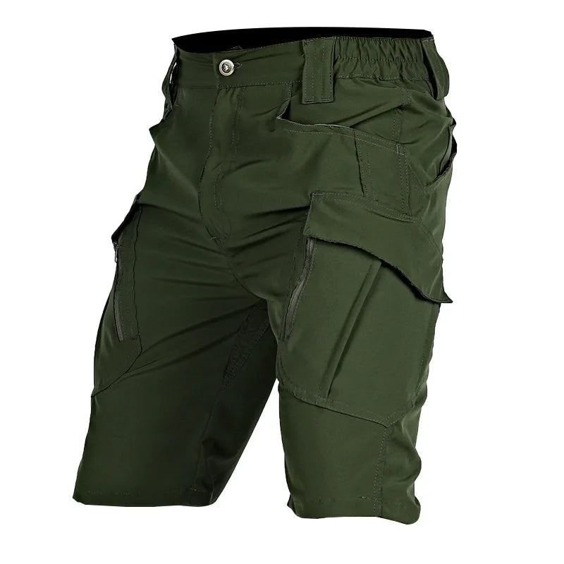 Another view of olive green cargo shorts with button closure, elastic waistband section, and large flap cargo pockets.