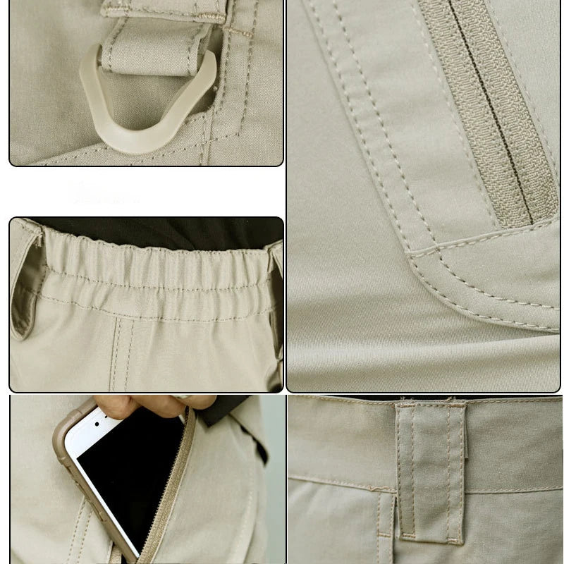 Detail collage of khaki shorts with a D-ring loop, zipper pocket, elastic waistband, phone in a pocket, and belt loop.