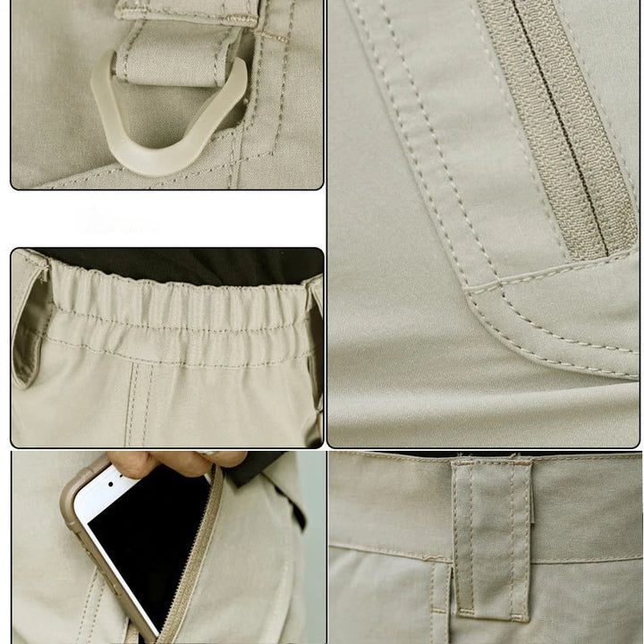 Detail collage of khaki shorts with a D-ring loop, zipper pocket, elastic waistband, phone in a pocket, and belt loop.