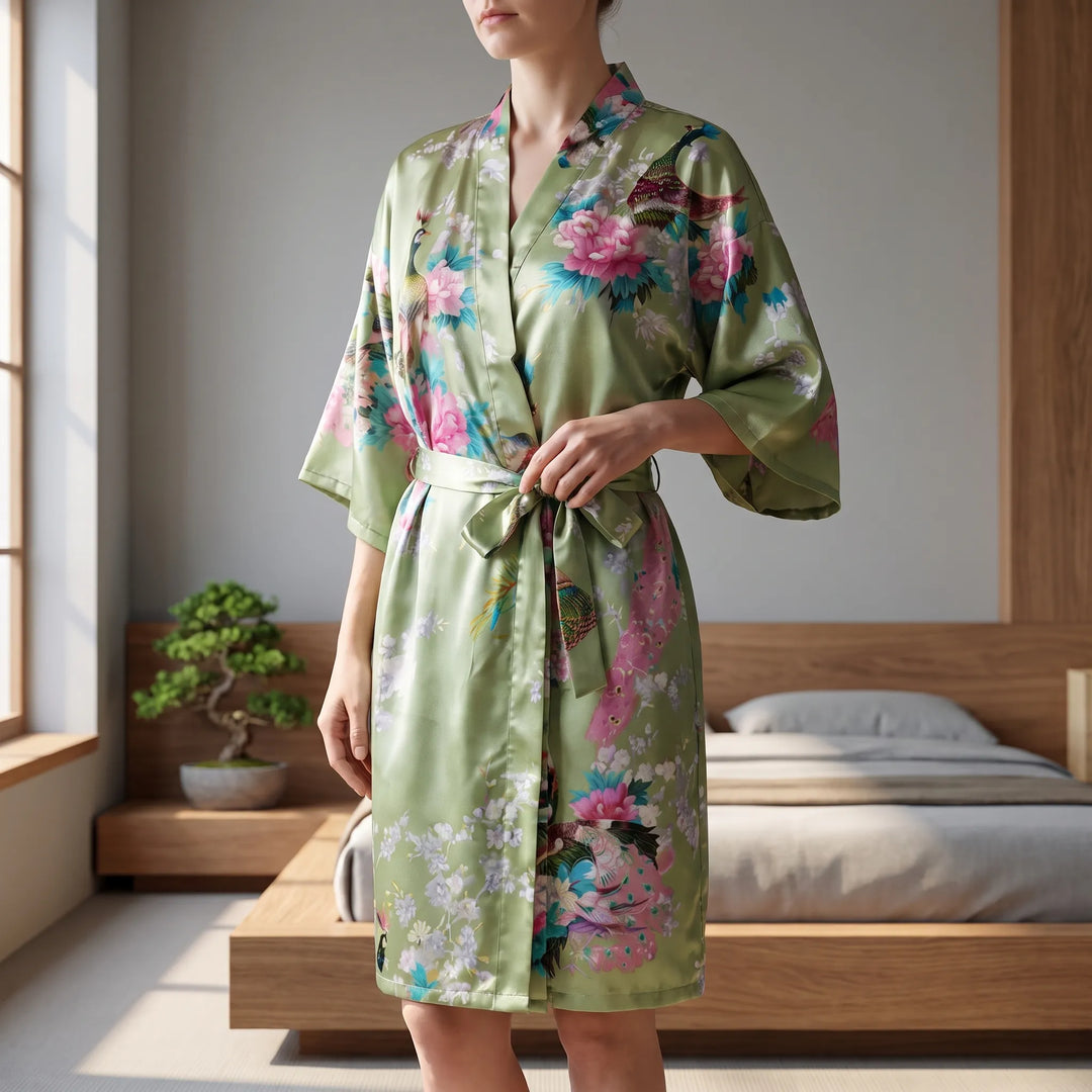 Woman in a sage green satin kimono robe with peacock and peony print, tying the waist belt in a bedroom. 1