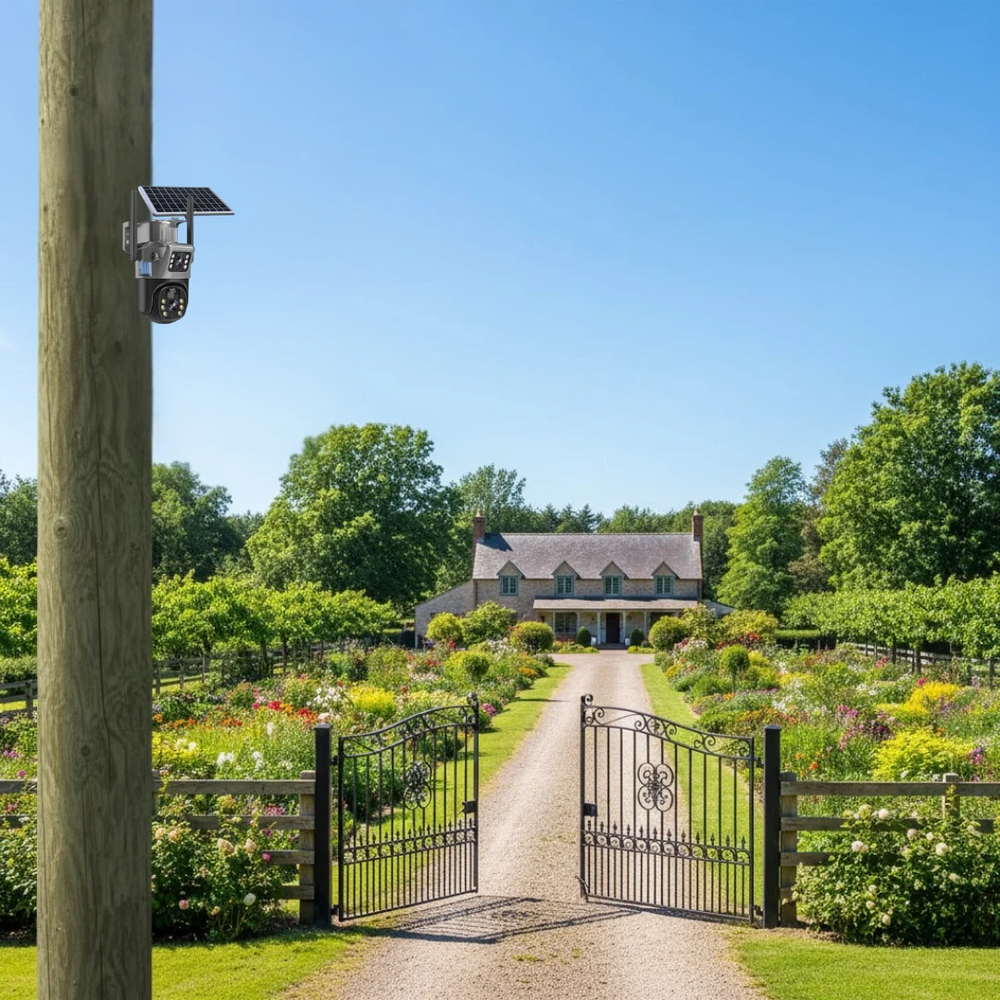 Solar security camera mounted on a wooden pole, another view.
