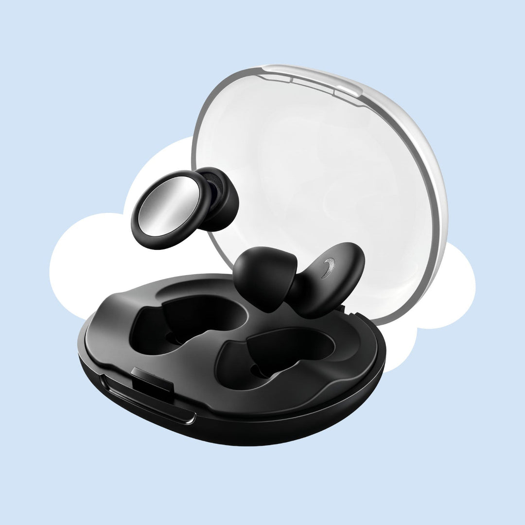 Black earplugs shown with the open clear-lidded case on a light blue cloud background, without text overlays 9