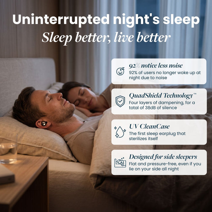English version of the couple sleeping in bed, the man wearing an earplug, with four benefit boxes 18