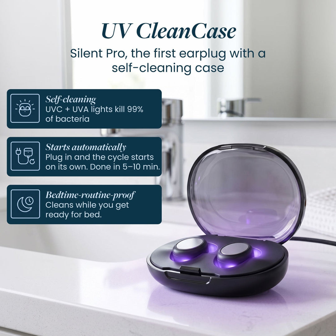 English version of the open case glowing purple on a bathroom counter, with self-cleaning feature boxes 20