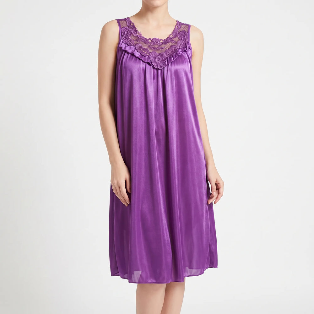 Front view on a model against a plain white backdrop, showing the purple satin nightgown's lace neckline and loose knee-length fit. 2