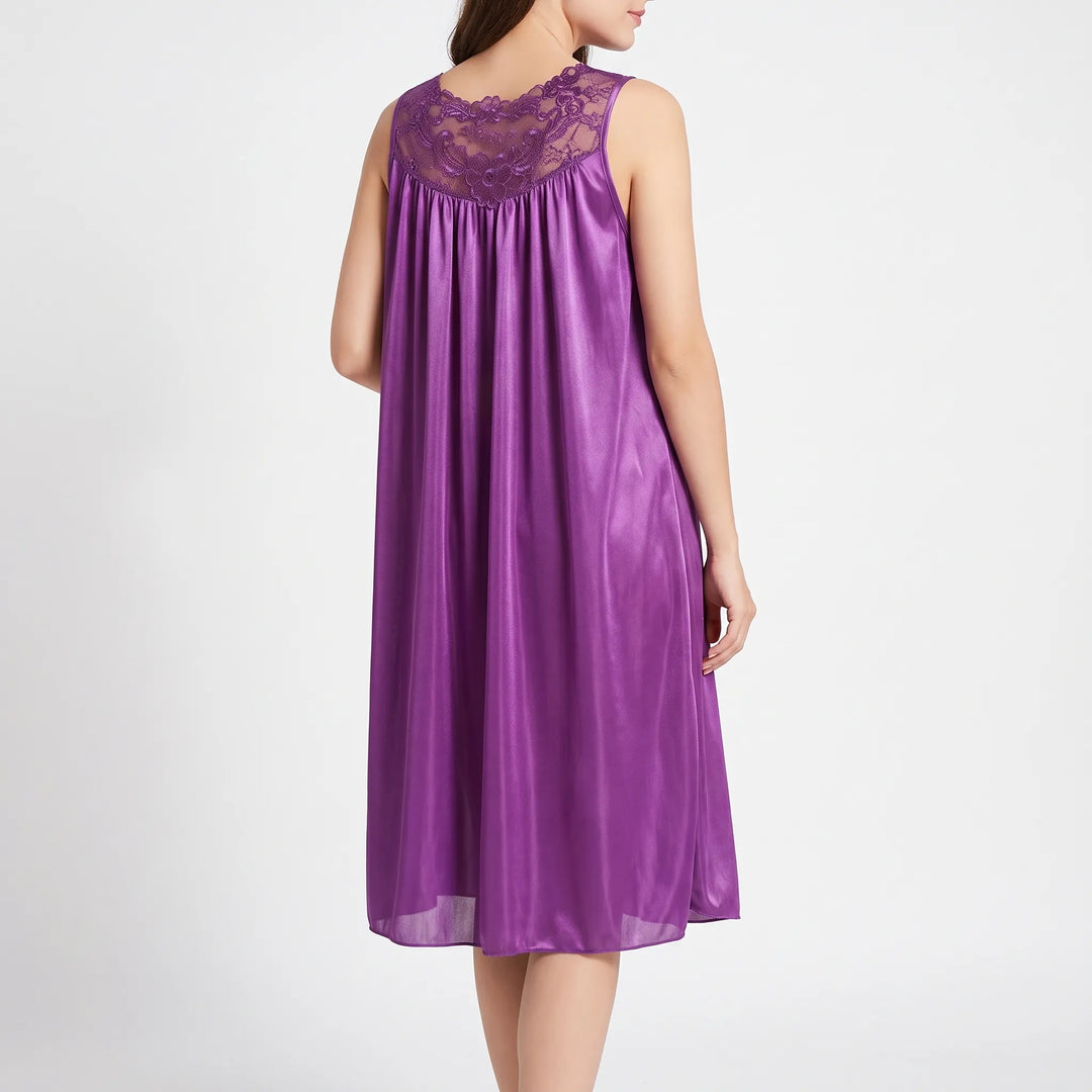 Back view of the purple nightgown on a model, showing the sheer floral lace panel across the upper back and gathered satin. 3