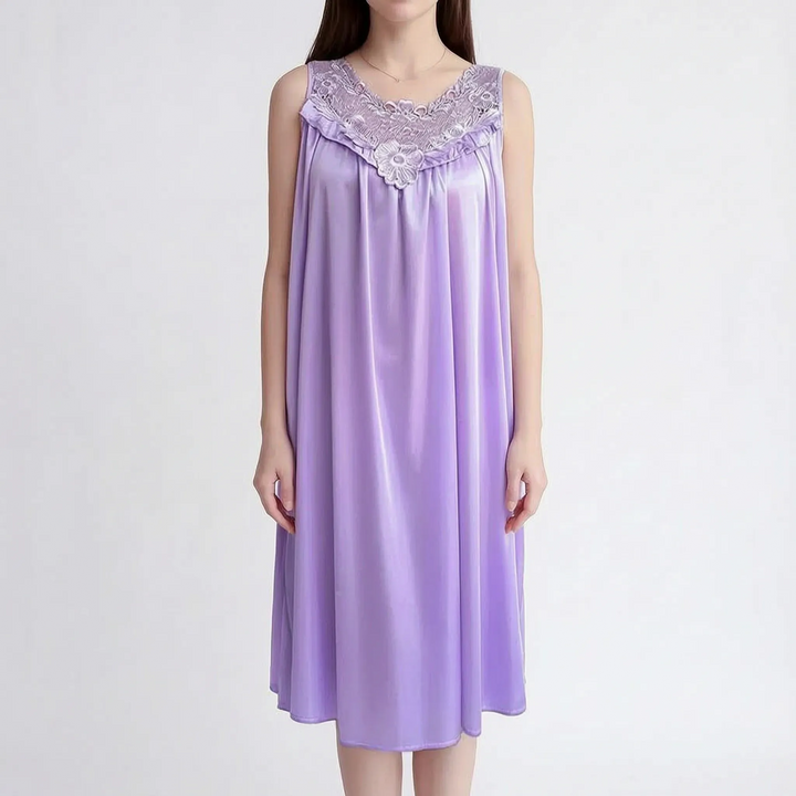 Lavender version of the sleeveless nightgown on a model, with matching floral lace neckline and gathered ruffle. 8