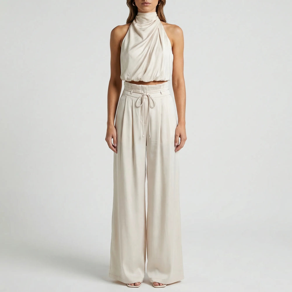 Sleeveless Halter Neck Wide-Leg Outfit - Tiffany