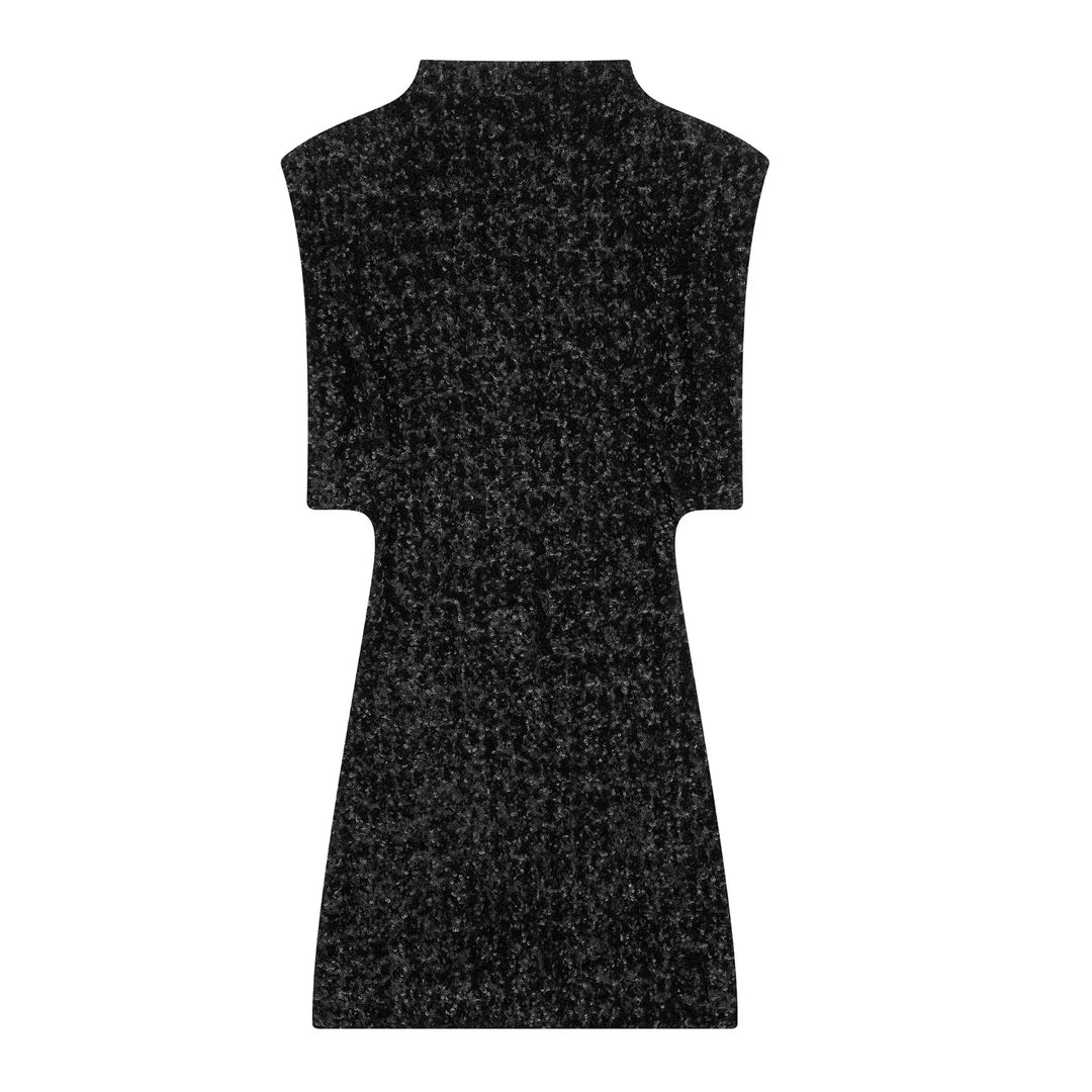 Black sequined mini dress laid flat, front view showing high neck and structured shoulders 5