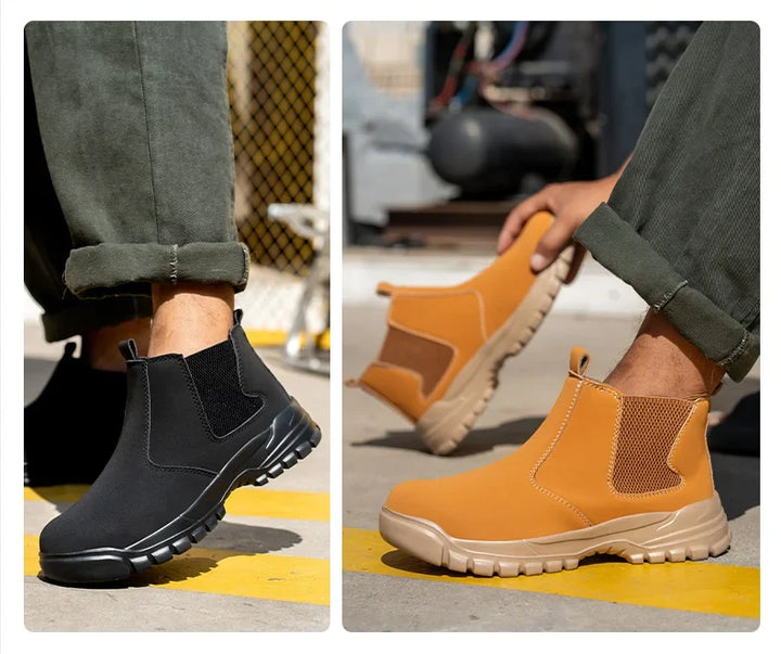 Side-by-side collage of the black boots and the tan boots worn by models outdoors 10