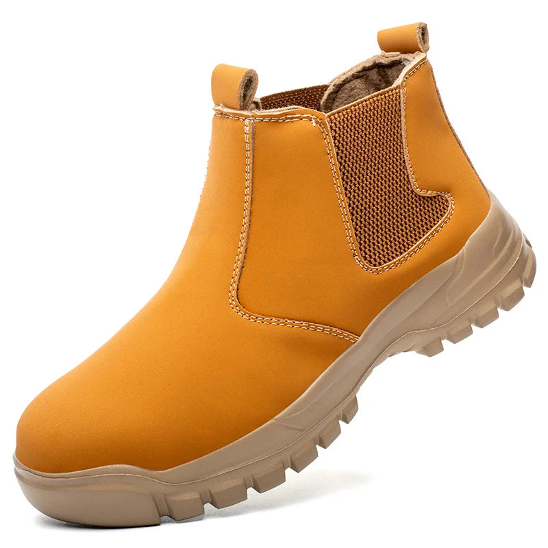 Single tan slip-on boot on a white background, showing mesh side panel, stitching and beige lugged sole 13