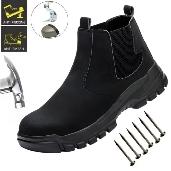 Black slip-on boot shown with a hammer and nails, plus icons suggesting puncture and impact protection 2