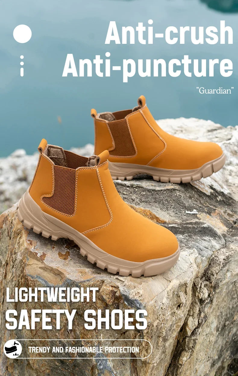 Pair of tan slip-on boots on a rock by water, with promotional text about crush and puncture protection 4