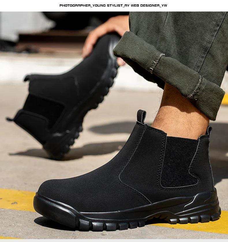 Model lifting one black boot while the other foot stays planted, showing the thick lugged sole 6